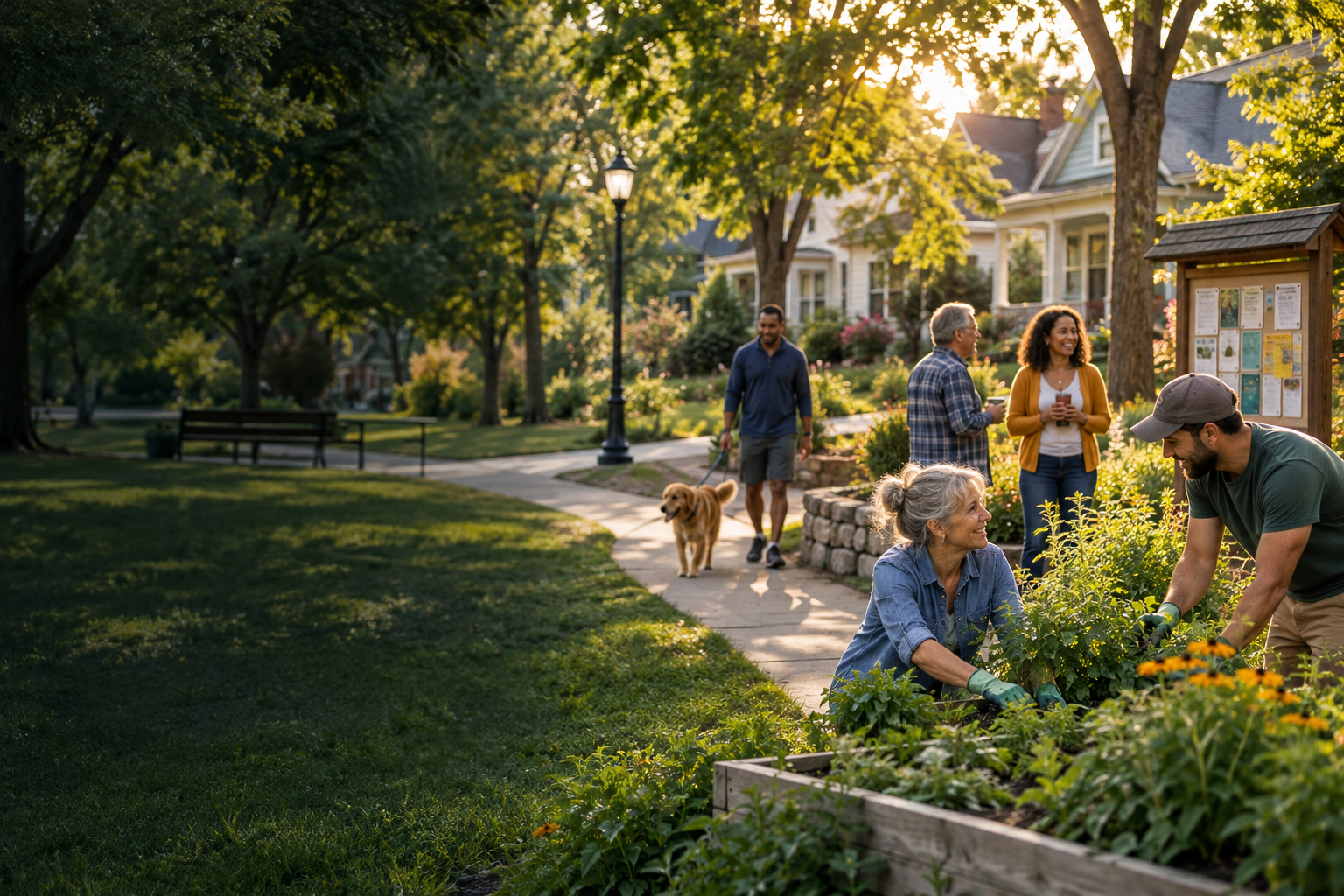 Neighbors gathering near a community garden